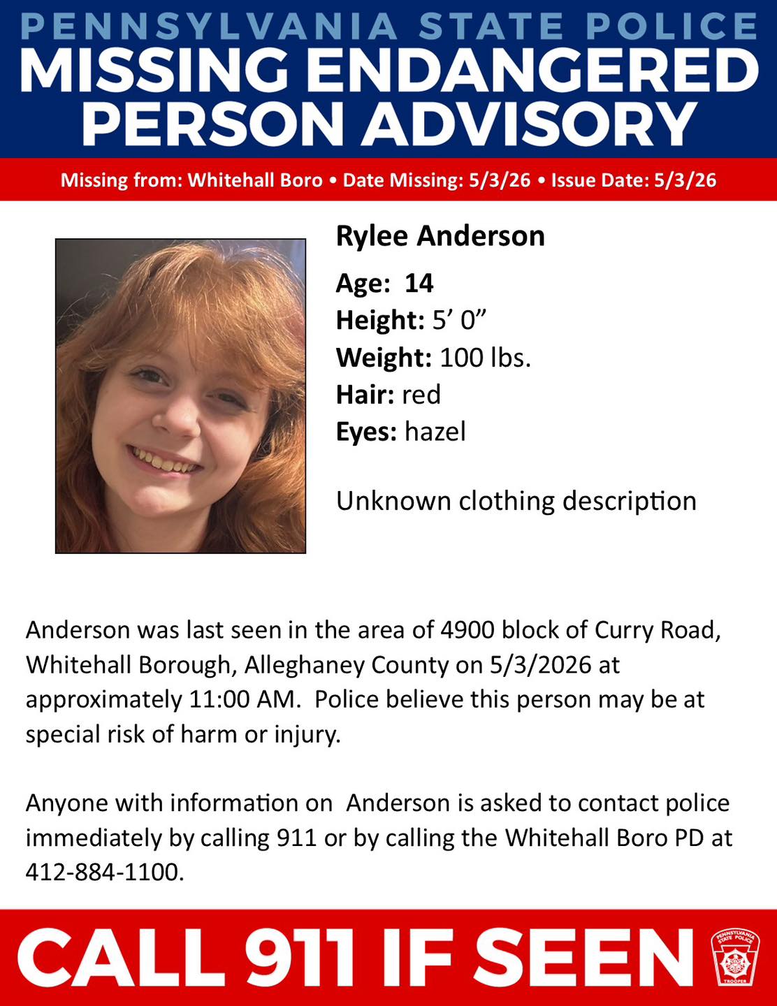 Rylee Anderson Baldwin/Whitehaul, PA Missing Child